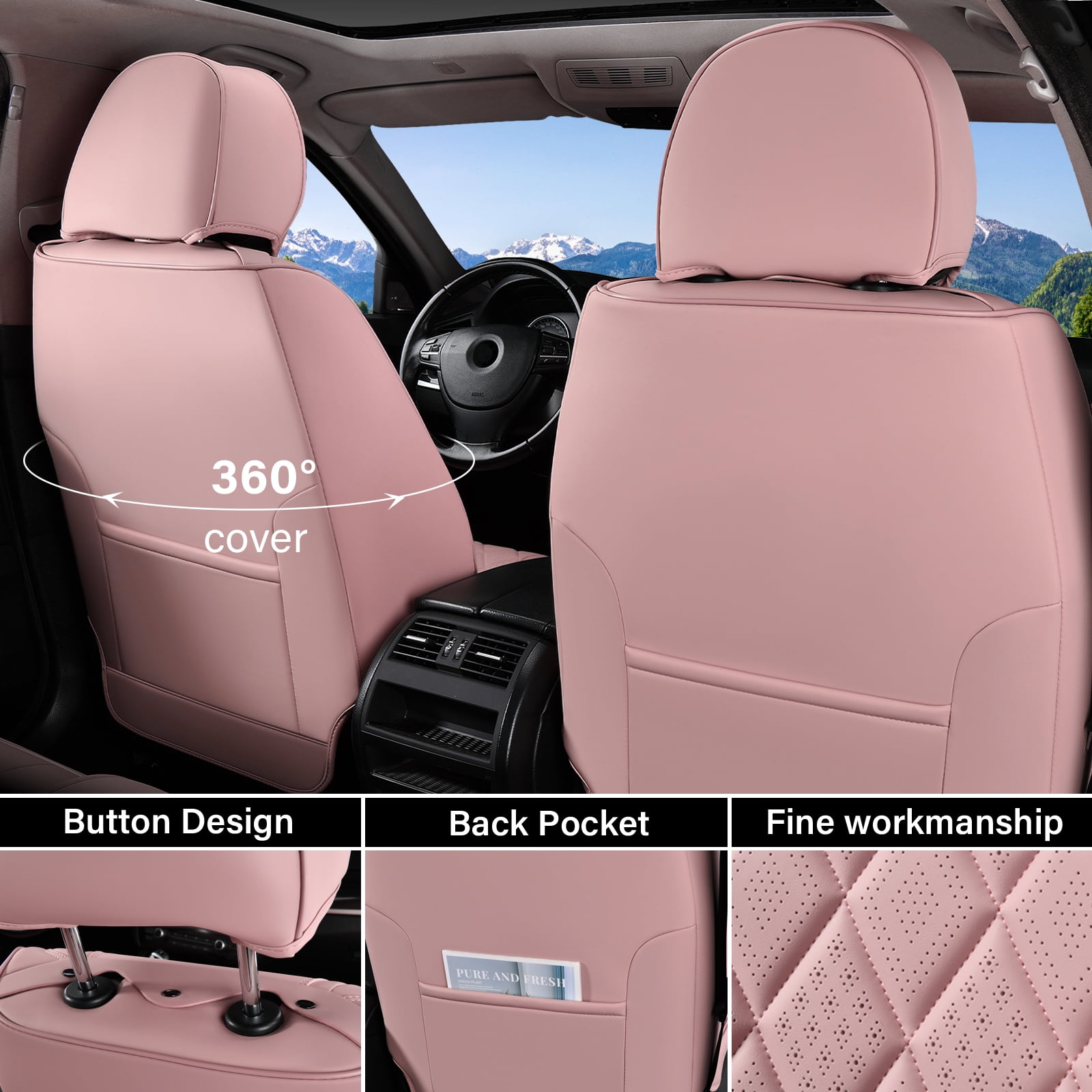 Coverado Pink Car Seat Covers Full Set, Waterproof Faux Leather Seat Protectors, Auto Interior Accessories Universal Fit Most Cars SUVs Pickup Trucks