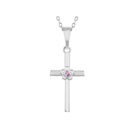 Zirconia Girls Necklace 925 Sterling Silver Pink CZ Flower Religious Cross Pendant Necklace Girls Kids 16