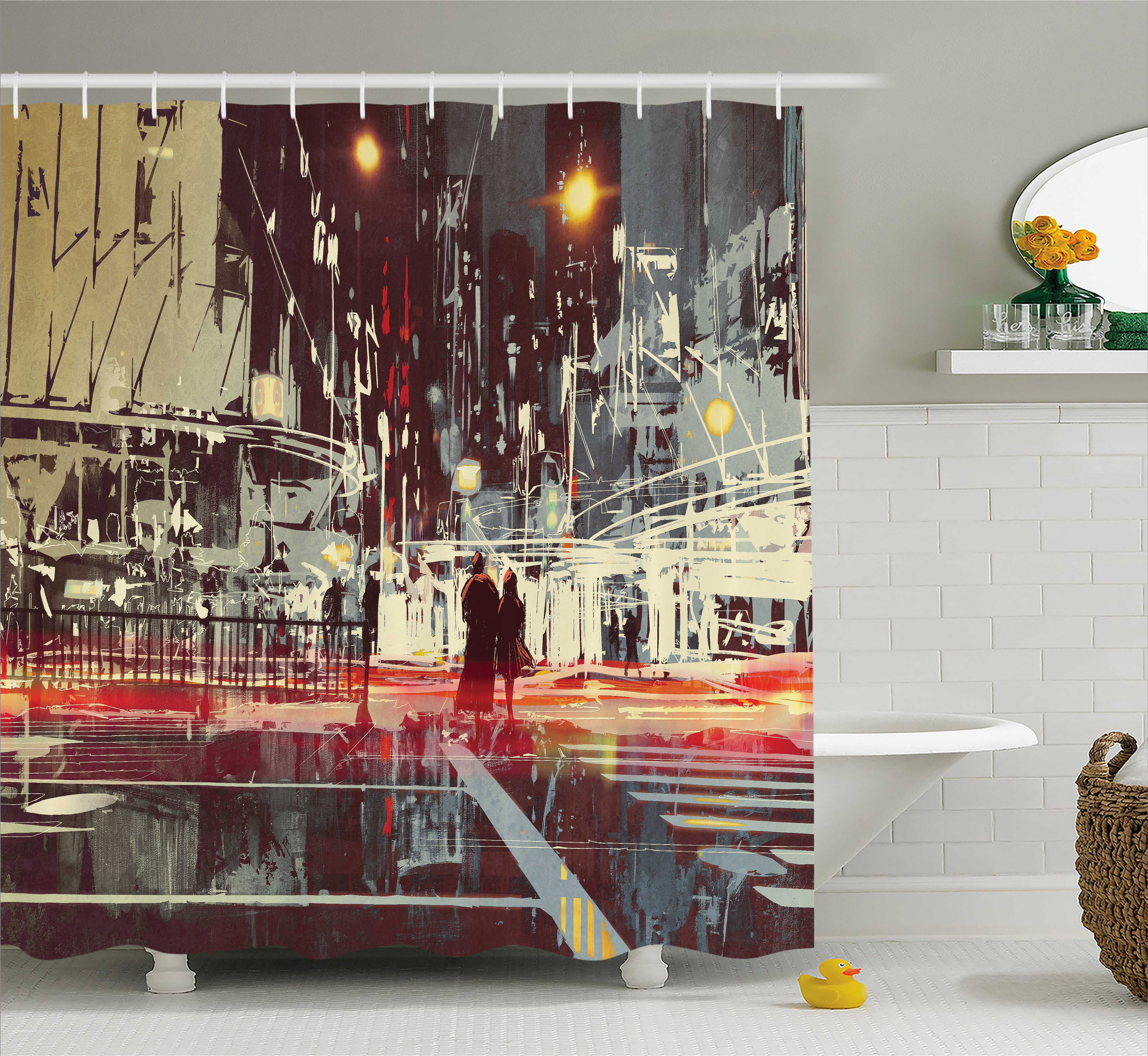 Modern Shower Curtain, Urban City Streets at Gloomy Night with People ...