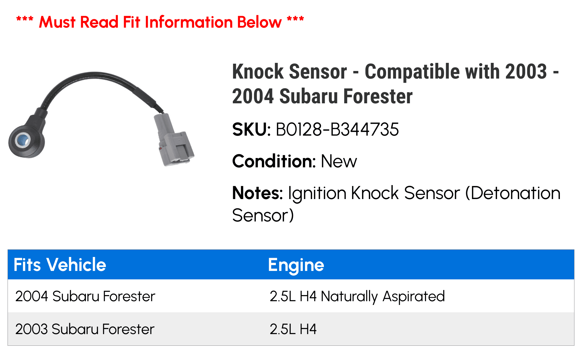 Knock Sensor - Compatible with 2003 - 2004 Subaru Forester