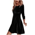 thumbnail image 3 of biudgviw Velvet Dresses for Women Soft Stretch 3/4 Sleeve Baggy Fall Mini Dress Fashion Round Neck Solid Color Party Dress, 3 of 6
