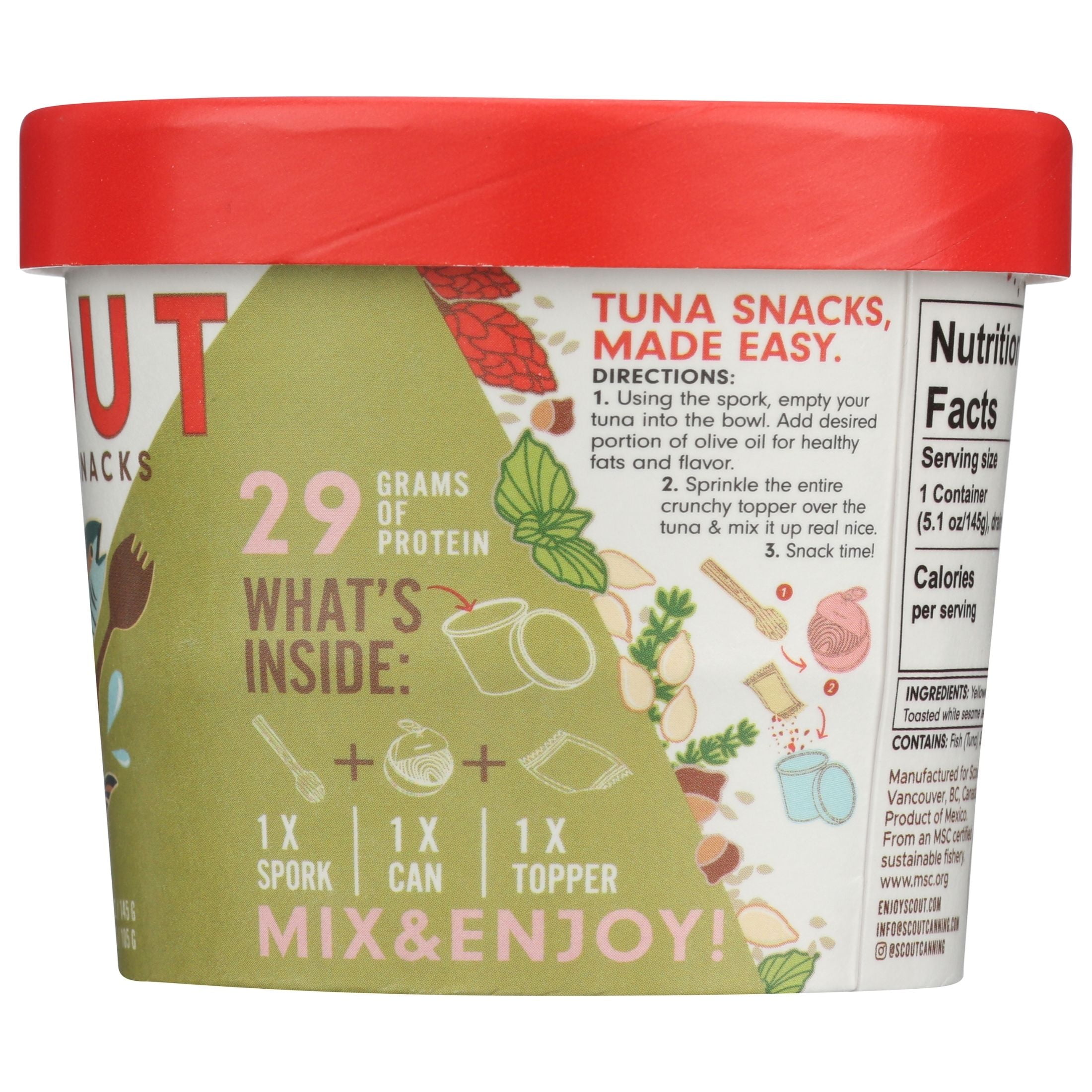 (2 pack) Scout Tuna Snack Kit, Za'atar, Wild Yellowfin Tuna + Crunchy Mix-in for 29g of Protein on the Go with Spork, 5.1oz Cup