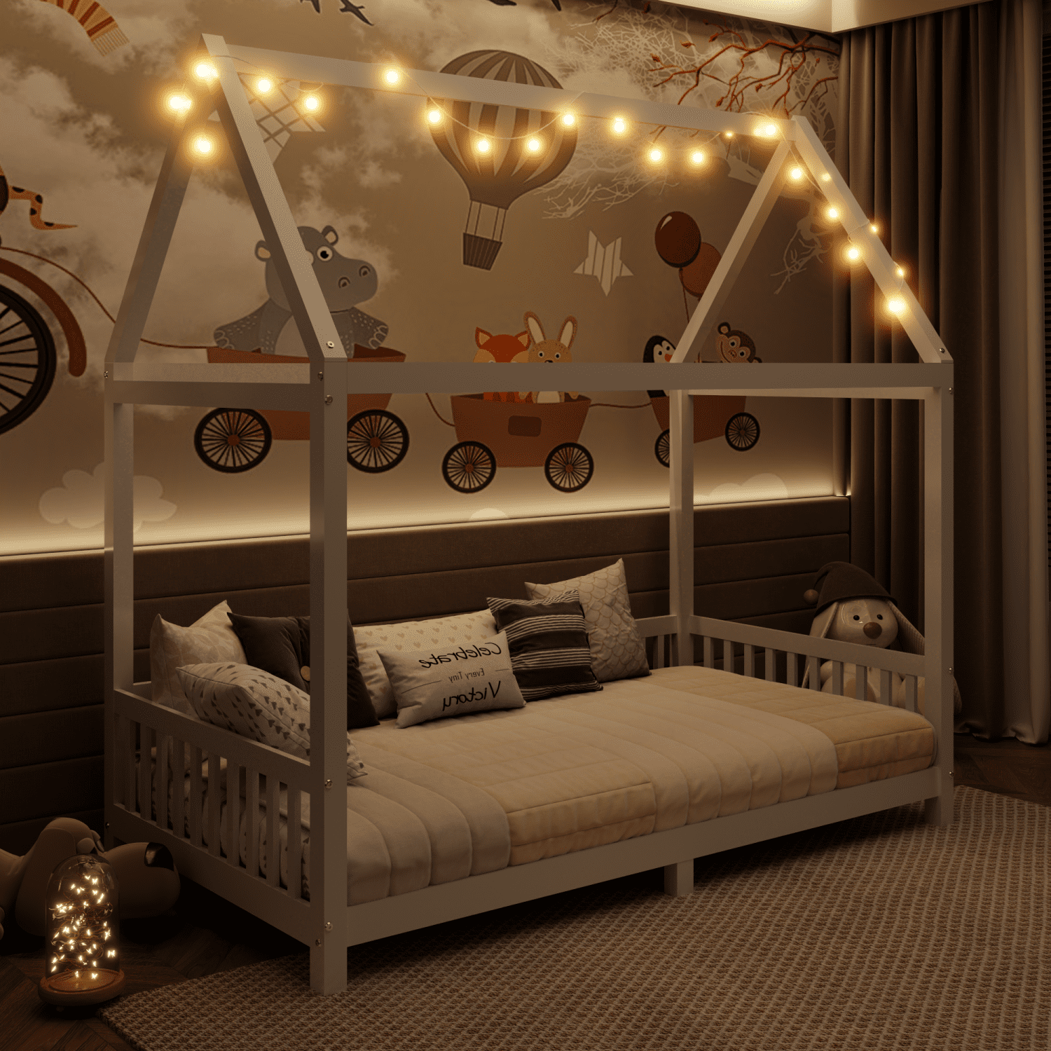 Harper & Bright Designs Wood House Bed Twin Size Floor Bed with Fence, Twin Montessori Bed Frame with LED Light for Girls & Boys, White