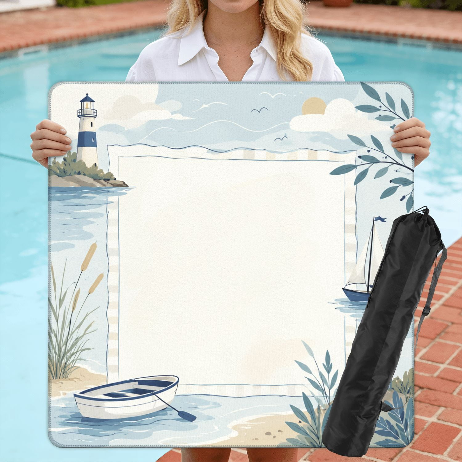 Mahjong Mat 31.5" x 31.5" Sailboats Lighthouse Nautical Watercolor Soft Blue Beige Tones Non-Slip Noise Reduction American Mahjong Tiles Table Cover for Dominoes Poker Card Board Games Gift
