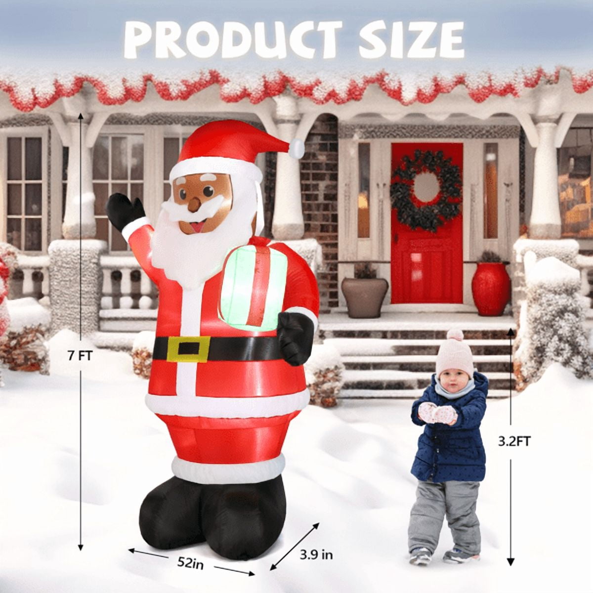 Alvantor 7 ft Lighted Black Santa Christmas Inflatable with Gift, Red and Black