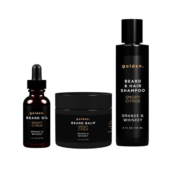 Golden Grooming Co. Paquete de barba diaria – Juego completo para el cuidado de la barba | Incluye bálsamo y champú de aceite para barba (cítricos ahumados regulares, edición limitada)