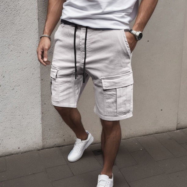 WILLBEST Pantalones Cortos para Hombre, Informales, Lisos, con Bolsillo Cargo, Ajustados, con Cordón, de Verano