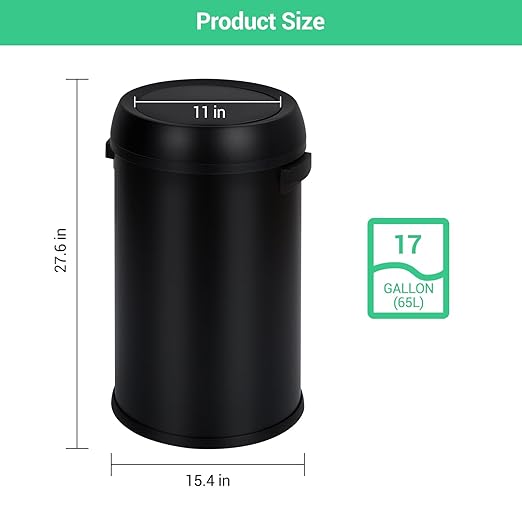 Basics Round Stainless Steel Trash Can with Swing lid, Large Kitchen Round Can - 65 Litre/ 17.2 Gallon, Silver, Black,White