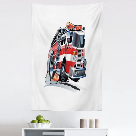 Truck Tapestry, Security of the Public Themed Speeding Vehicle Department Dangerous Job, Fabric Wall Hanging Decor for Bedroom Living Room Dorm, 5 Sizes, Pale Blue Scarlet, by Ambesonne