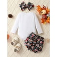 thumbnail image 3 of Wassery Baby Girls Halloween Shorts Sets White Long Sleeve Letter Print Romper and Skull Head Print Shorts Headband Sets 3M 6M 12M 18M 24M Newborn Summer 3PCS Outfits, 3 of 9