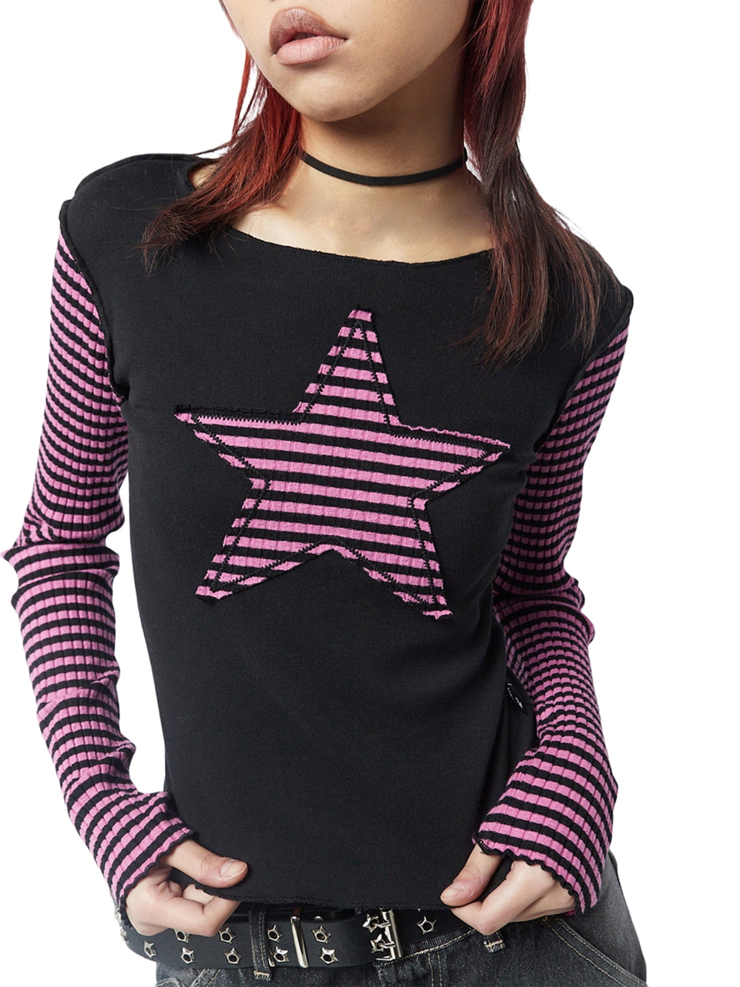 【HI FI FNK】Star Aplique Longsleeve Women Star Patched Striped Long Sleeve T-shirt Harajuku