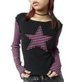 thumbnail image 2 of Women Star Patched Striped Long Sleeve T-shirt Harajuku Grunge O Neck Slim Fit Crop Tops E-girl Gothic Mall Goth Tees y2k Streetwear, 2 of 6