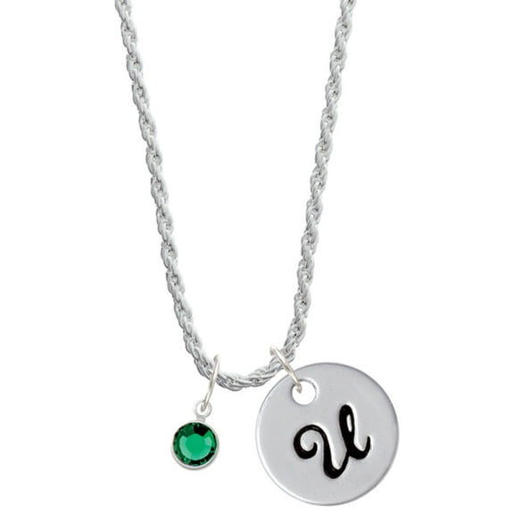 Delight Jewelry Crystal Green Channel Drop Silvertone Script Initial Disc - U - Charm Necklace, 20"+3"