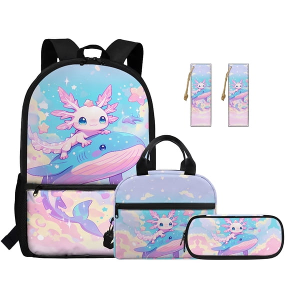 Jeiento Axolotl 17 Inch Kids Backpack Set of 5 Cute Lightweight Breathable Girls School Bag with Lunch Bag, Pencil Case and Bookmarks for 9-12 Years Old