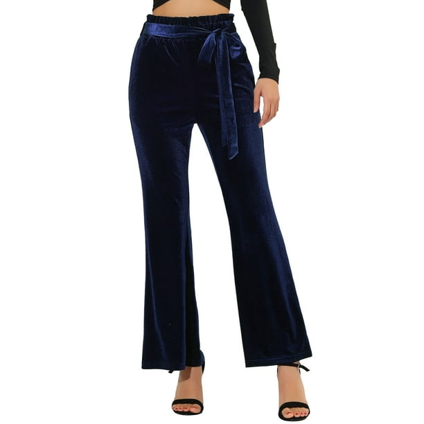 Pantalones de terciopelo Allegra K anchos elásticos de cintura con lazo con bolsillos Azul oscuro M