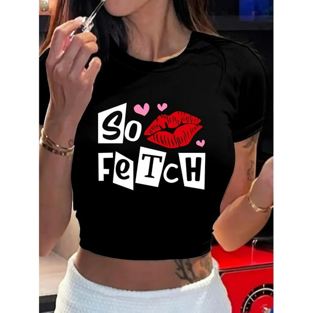 So Fetch" Graphic Print Crop Top T-Shirt for Women - Casual Crew Neck, Slim Fit Short Sleeve with ReCamisetas para mujer, lindas camisetas con estampado gráfico, de manga corta, estilo casual, para ve