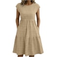thumbnail image 2 of Summer Dresses for Women Plus Size Women's Short Sleeve Round Neck Textured Midi Dress with Pockets Tiered Ruffle Hem Casual Dress for Summer Daily Wear Khaki XXL, 2 of 8
