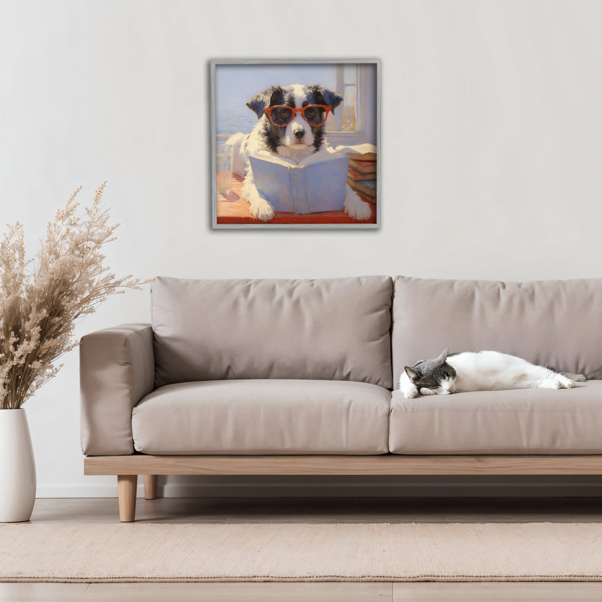 Stupell Industries Sunlit Dog Reading By Window Gray Framed Giclee Art, design by Angie Hawke