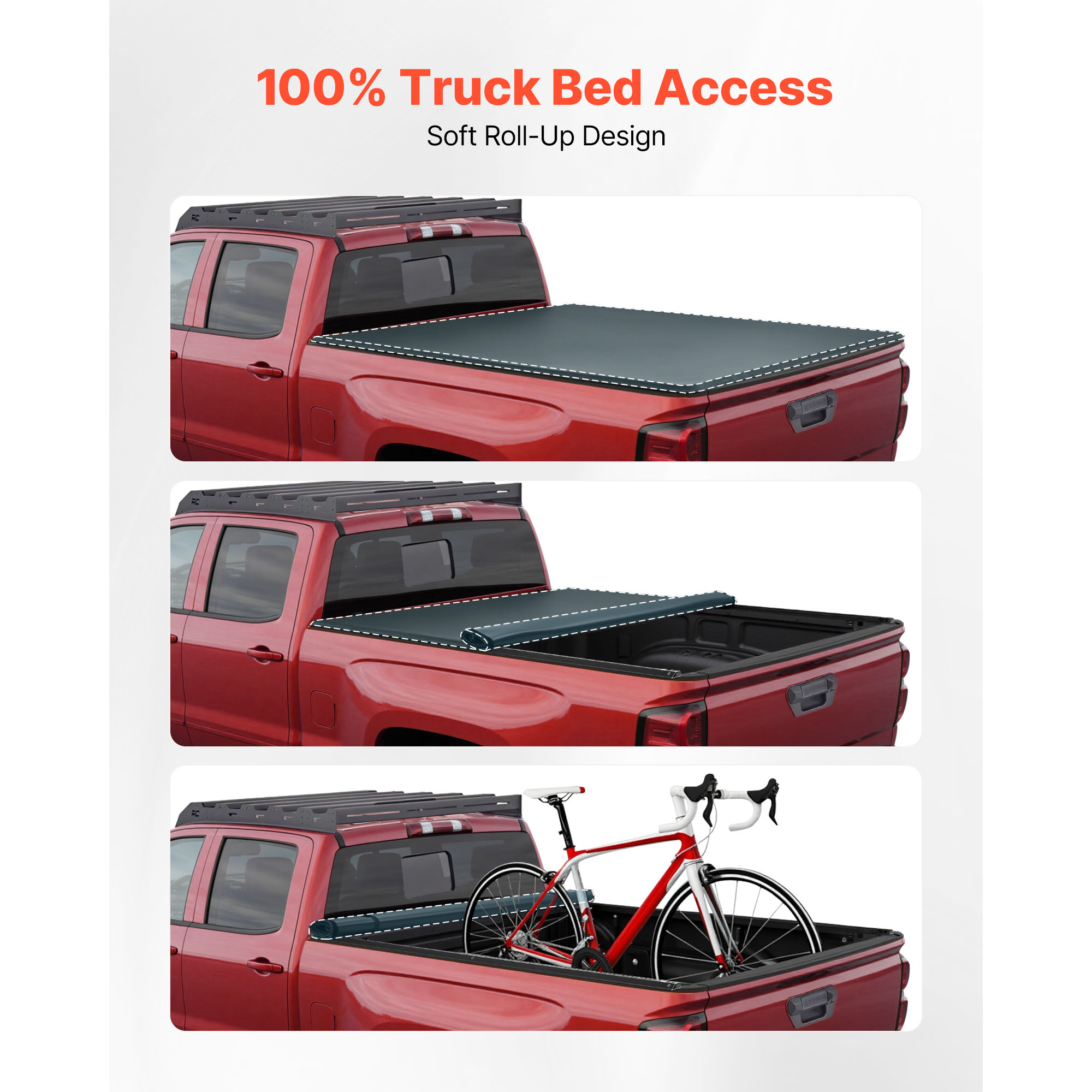 KFFKFF Soft Roll-Up Truck Bed Tonneau Cover, Compatible with 2024-2025 Toyota Tacoma (Excl. Trail Edition) with Deck Rail System, Fits 5 ft (60 in) Bed, PVC Cover with Three Aluminum Alloy Supports