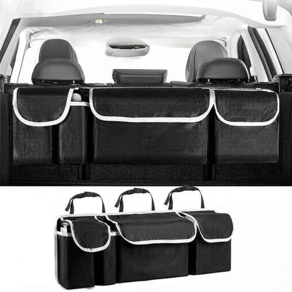 VFM Car Trunk Organizer, Backseat Hanging Large Storage with Adjustable Straps, Waterproof Collapsible Cargo Bag with 4 Pockets, Sturdy Space Saver Frees Trunk Floor for SUV, Truck, MPV
