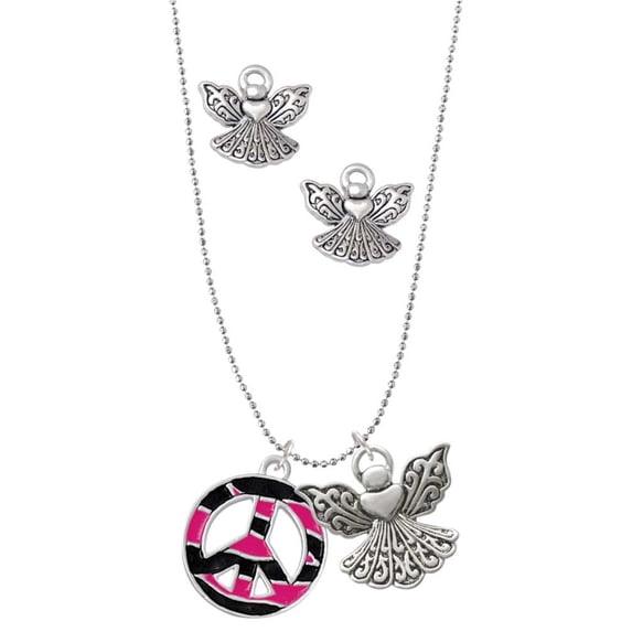Delight Jewelry Silvertone Large Hot Pink Tiger Print Peace Sign Silver tone Guardian Angel Charm Necklace and Stud Earrings