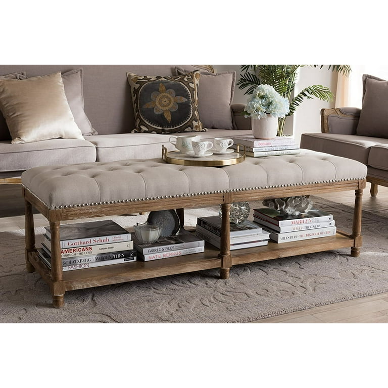 Baxton Studio Celeste French Country Weathered Oak Beige Linen Upholstered Ottoman Bench Baxton Studio Celeste French Country Weathered Oak Beige Linen Upholstered Ottoman Bench
