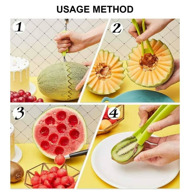 Juego de palas para sacar bolas de melón, multifuncional, de acero inoxidable, para extraer semillas de frutas, cortador de sandía, separador de pulpa, cortador de frutas