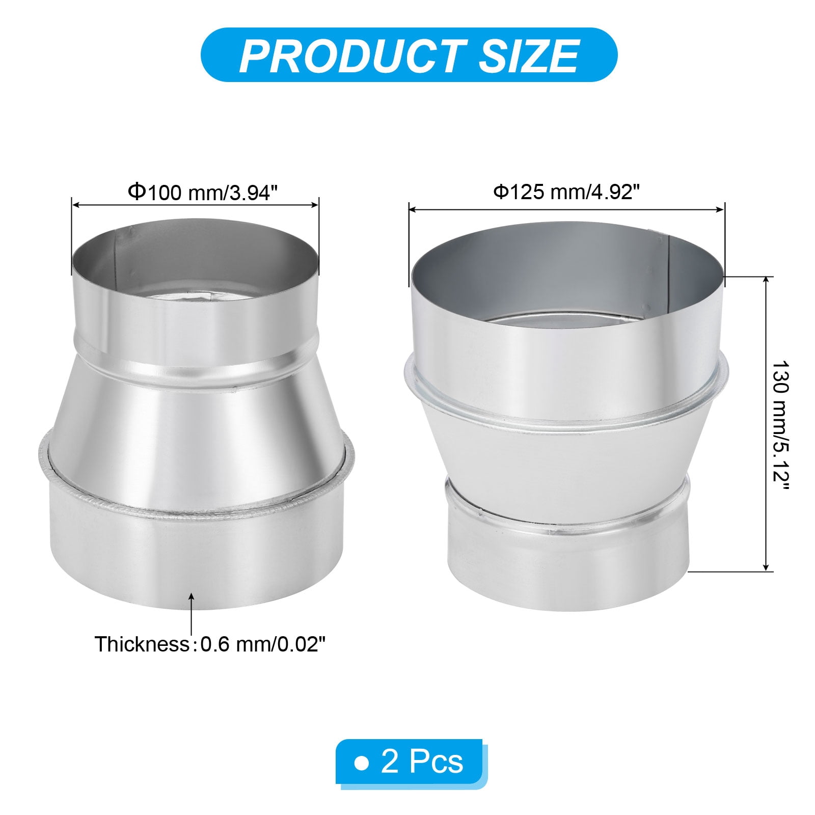 Uxcell 2 Pcs 4" to 5" Galvanized Steel Round Duct Reducer Adapter Connector,Silver Tone