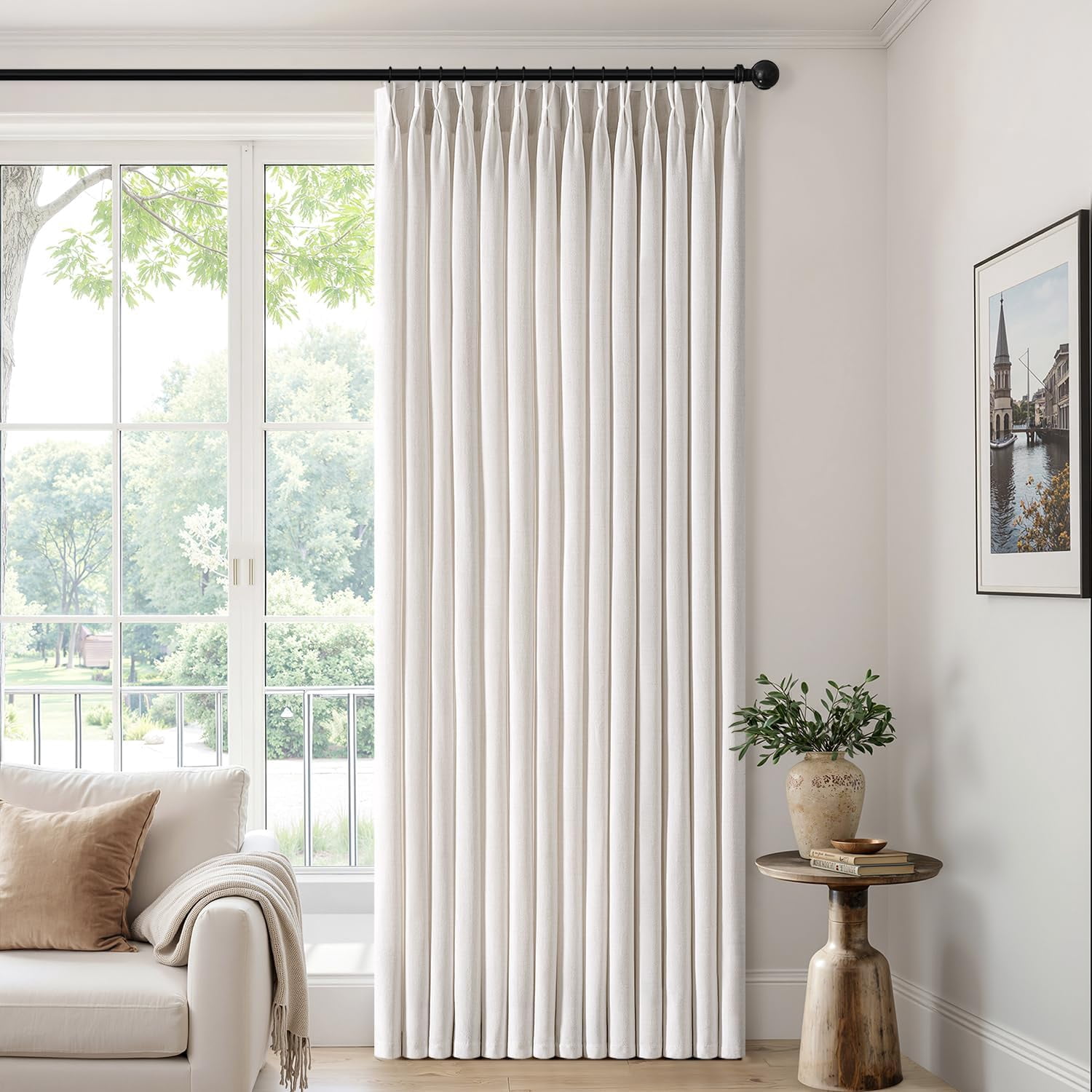 Pinch Pleated Thick Linen Curtains 84 Inch 4 Panels Set Back Tab Memory Trained Pinch Pleat Semi Sheer Light Filtering Curtains Let Light in Window Drapes for Living Room Bedroom Beige White