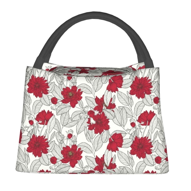 Easygdp Leaves And Anemone Flowers In Red Grey Bolsa de Almuerzo Insulada Reutilizable, Bolsa de Mano y Bandolera para Oficina, Trabajo, Viajes