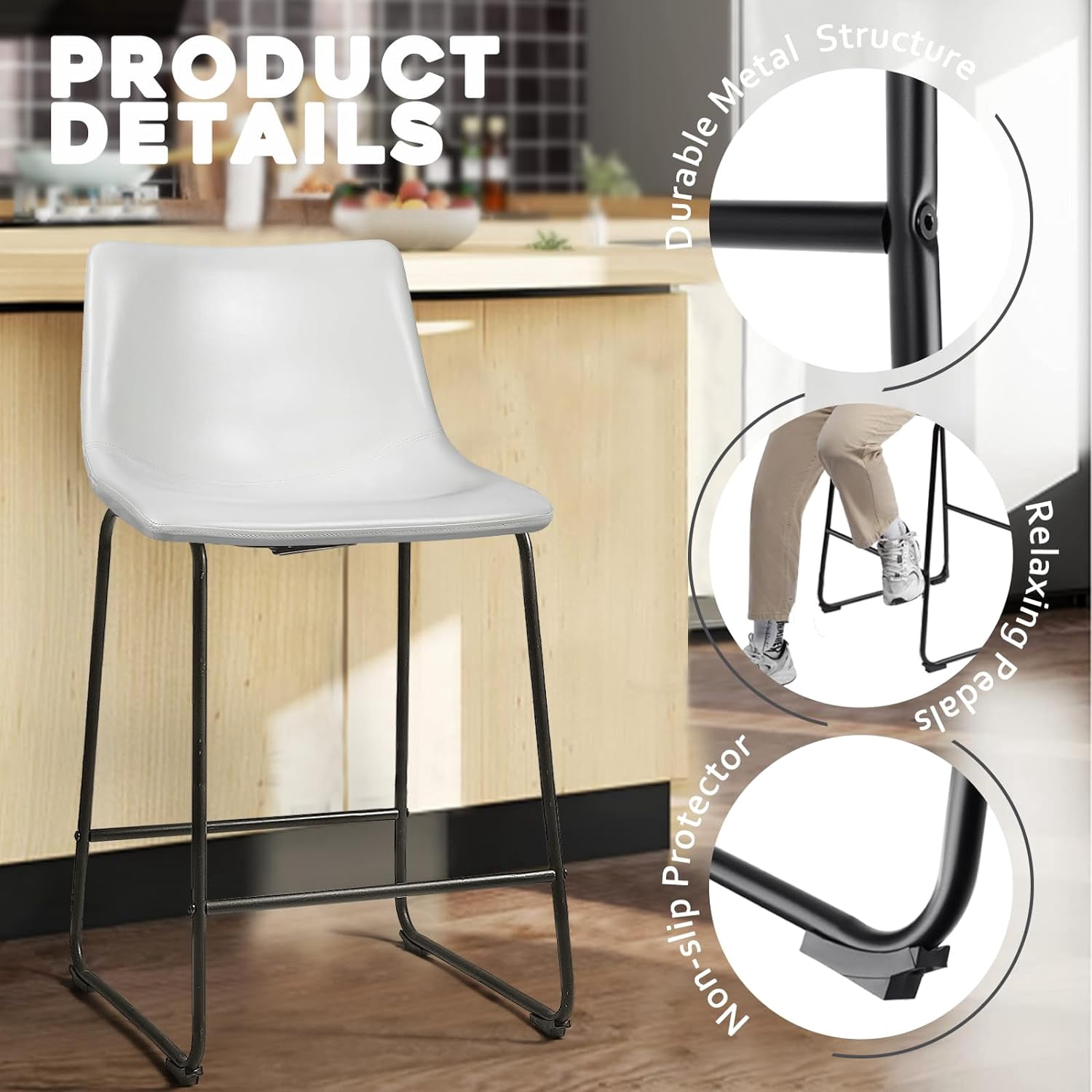 Vitesse 26 Inch Faux Leather Counter Bar Stools with Back, White (Set of 4)