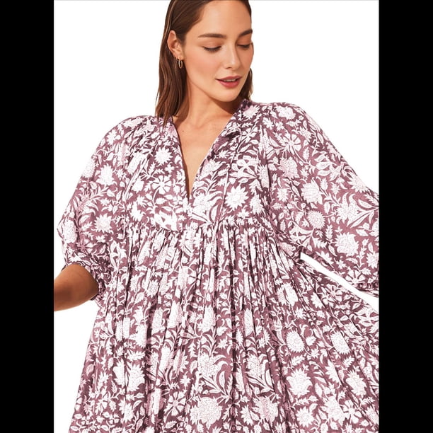 Vestido Midi Holgado Informal de Verano para Mujer, con Escote en V, Cordones, Media , Estampado Geométrico Bohemio Lila XL