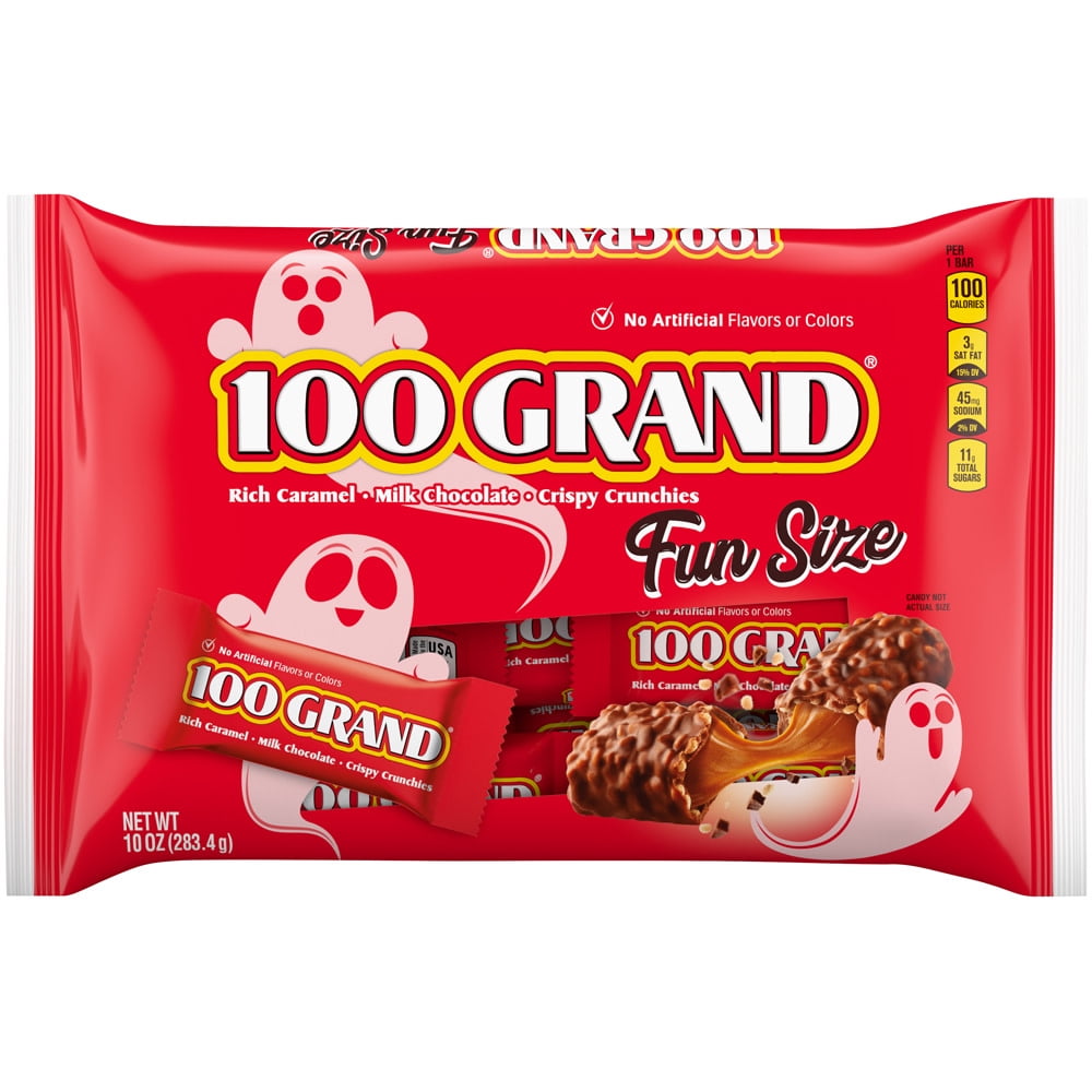 100 Grand, Crispy Milk Chocolate with Caramel, Fun Size Individually Wrapped Candy Bar, Great for Halloween Candy, 10 oz