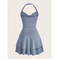 thumbnail image 2 of Dusty Blue Womens Slim Fit Ruched Halter Mini Dress With Tiered Flounce Skirt, 2 of 4