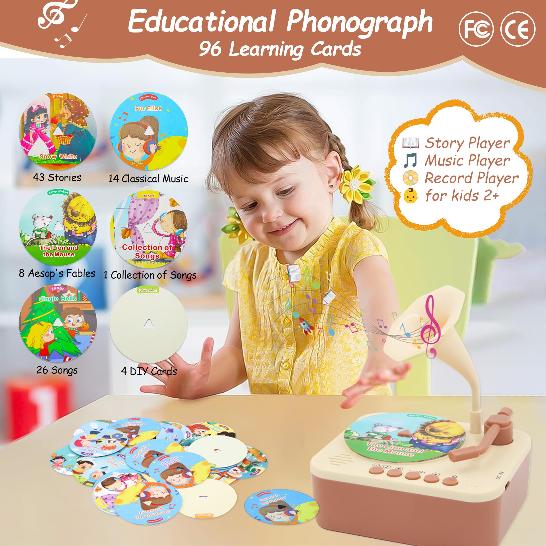 Kids Phonograph with 96 Cards, Kids Record Player with Story and Music Records , Toddler Music Player, Educational Phonograph for Boys and Girls Age 3+, Toddler Toys for Early Learning (Brown)
