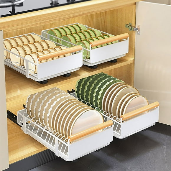 Bowl Dish Storage Rack Large Capacity with Adhesive Rail Pull Out Sliding Drawer Cabinet Organizer Detachable Drainage Plate Heavy Duty Slide Out Pantry Shelves Under Sink Bottles Holder