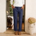 thumbnail image 2 of Nhthy Women's Summer Button Closure Linen Long Pants, Solid Straight Leg Full Length Casual Capri Trousers Navy M, 2 of 5