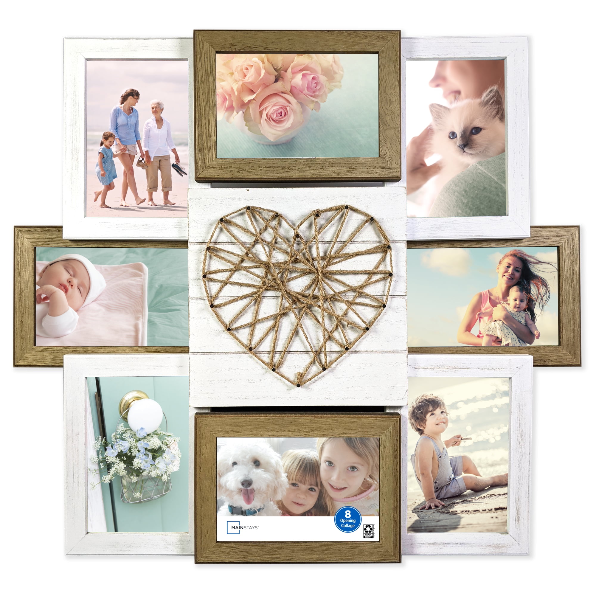 Mainstays 20" x 18" String Heart Rustic 8-Opening Manufactured Wood Collage Frame