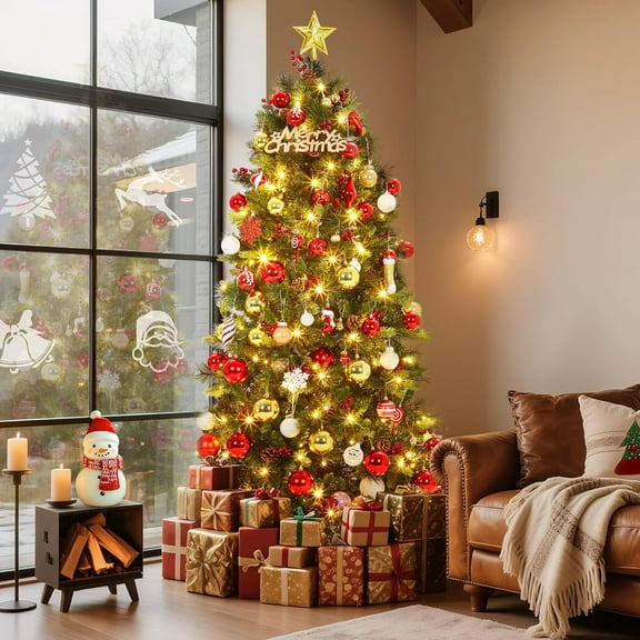 6FT Prelit Christmas Tree with Remote,Decorated Artificial Tree with 800 Tips 250 Lights 52 Pine Cones 52 Berries,Metal Stand,Holiday Home Party Display