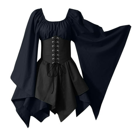 

For Womens Trumpet Sleeve Irish Shirt Dress With Corset Traditional Dress Women M Gothic Retro Long Sleeve Corset Dress Summer Tunic Dress Blue XXL