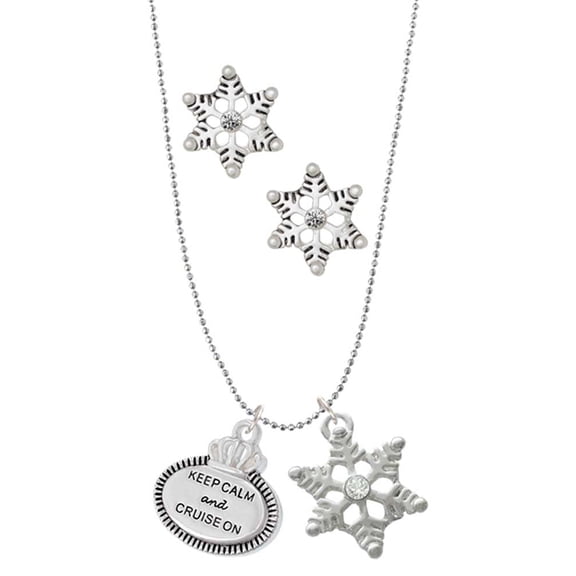 Delight Jewelry Silvertone Keep Calm and Cruise On Silver tone Snowflake Charm Necklace and Stud Earrings