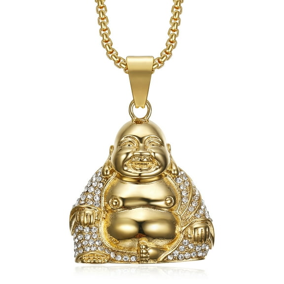 NEGS 18K Gold Plated Laughing Amitabha Buddha Pendant 24'' Chain Buddhist Prayer Stainless Steel Necklace for Men Women