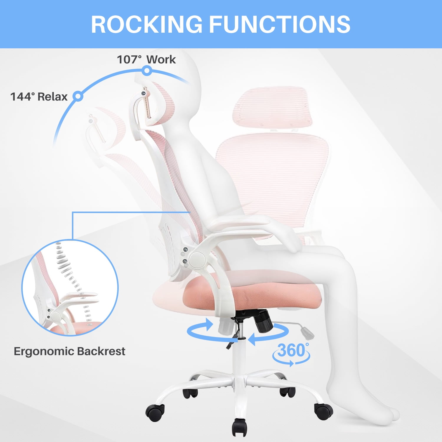 SIMENMAX Office Chair, Ergonomic Computer Chairs with Flip-up Arms,Pink
