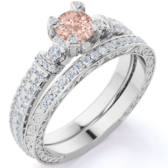 Elegant 1.75 ct - created Round Pink Champagne created morganite-Edwardian Engagement Ring - Vintage Wedding Set - 18K White Gold