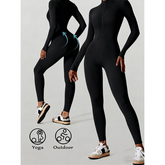 DENTOYOU Women's Long Sleeve Workout Jumpsuit Zip Front Sport Bottom Pants Bodysuit Bodycon One Piece for Yoga, Gym and Casual Wear Black M