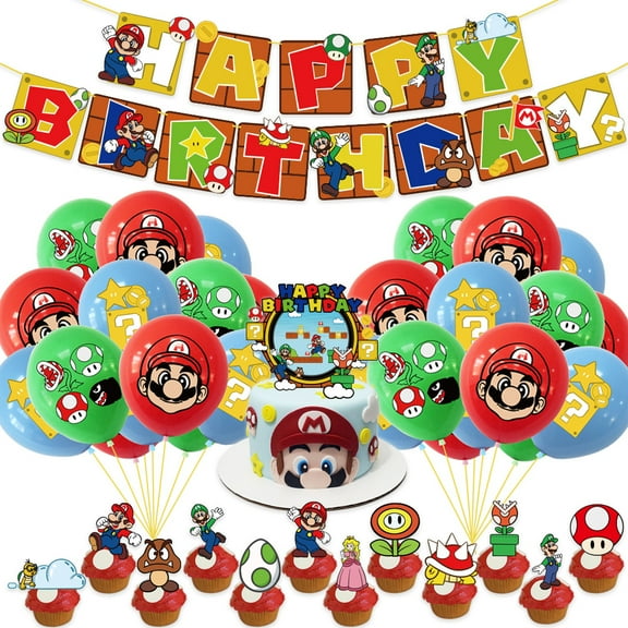 Mario Party Supplies Pack Includes,Banner,Cake Topper ,Balloons for party Decoration