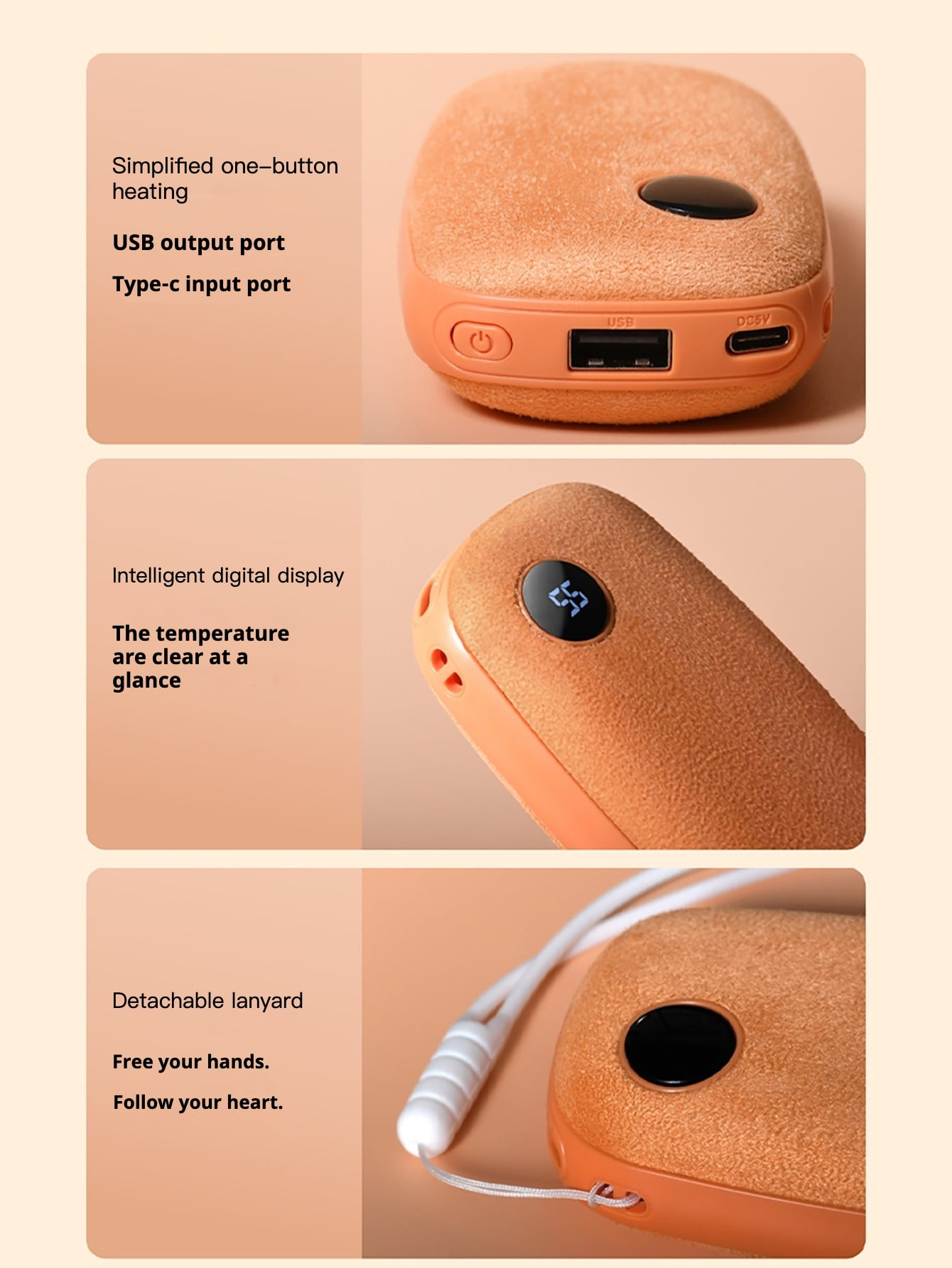 1PC Portable Hand Warmer with LED Display, Fast Heating USB Rechargeable Plush Handwarmer, Long-Lasting Battery, Compact Design for Outdoor Adventures