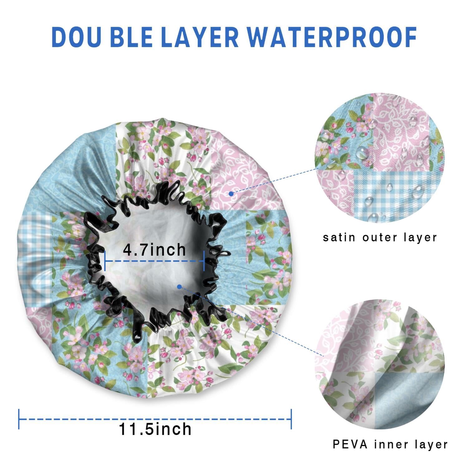 Shower Caps,Pioneer Flower Floral Print Pattern Waterproof Shower Cap for Women 4 Pieces,Double Reusable Hair Cover for Shower PEVA Elastic Stretch Hem