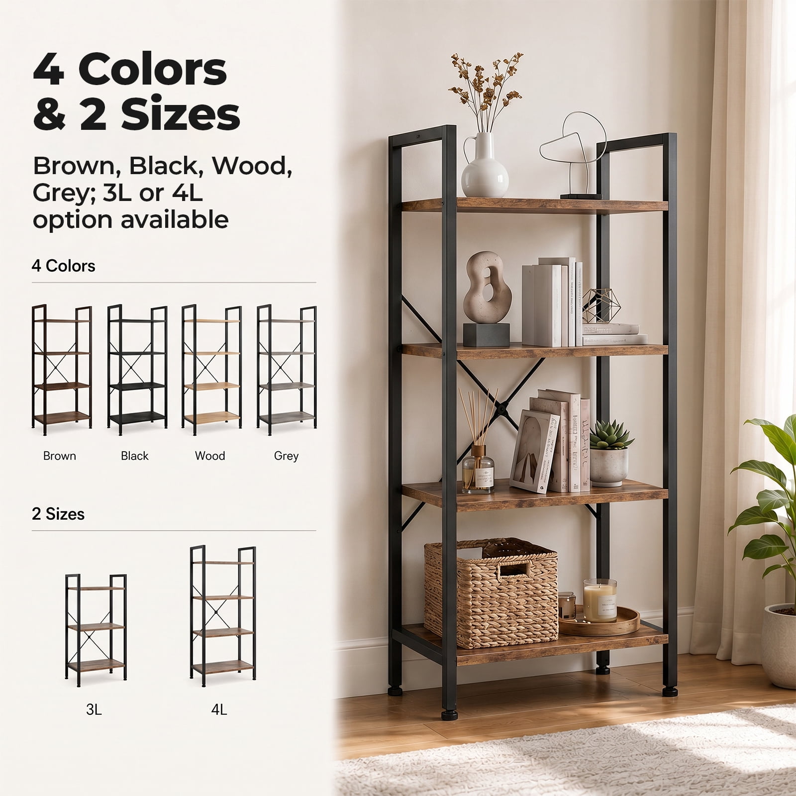 Alvantor 3/4-Tier Industrial Bookshelf, Narrow Storage Rack classical-style shelves for living rooms, homes, and offices