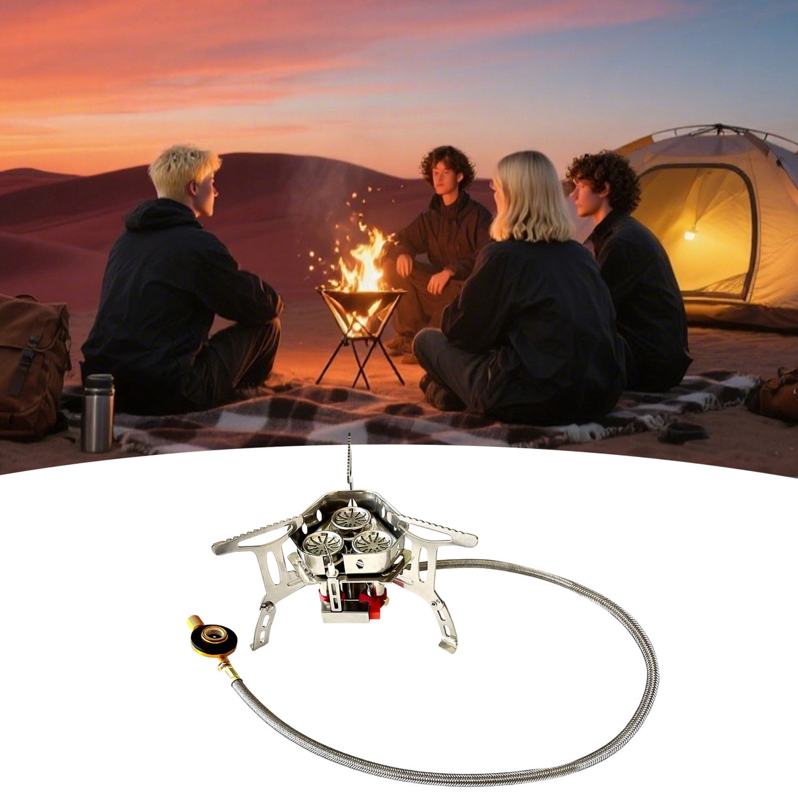 Portable Gas Camping Stove - Lightweight Windproof Backpacking Stove with Piezo Ignition & Adapter, for Outdoor Cooking While Hiking, Camping or Picnics